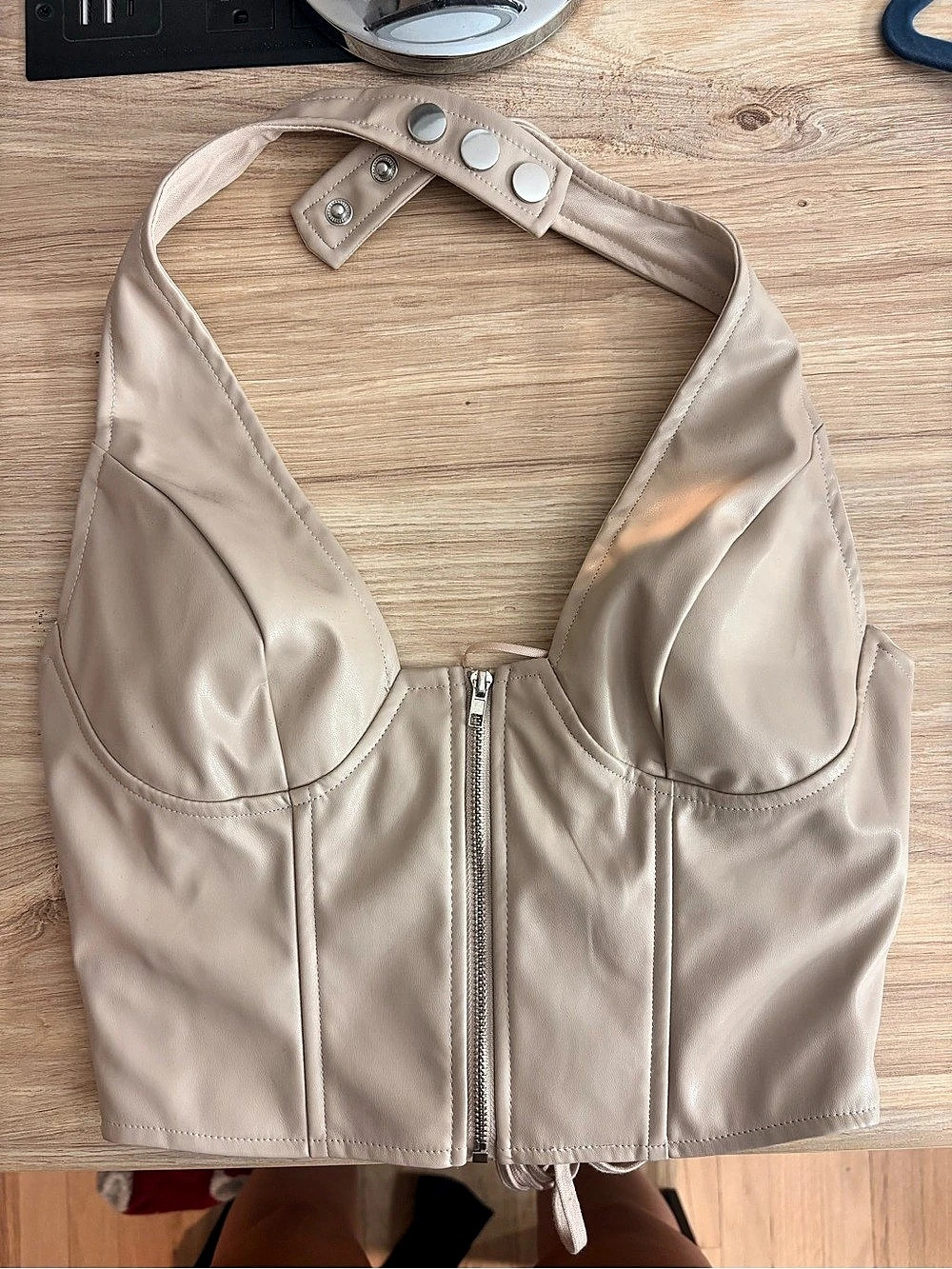 Faux Leather Zip Front Crop Top in Beige - Picture 3 of 3